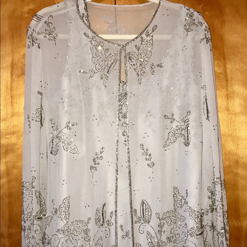 Light gray beaded evening dress. Beautiful!